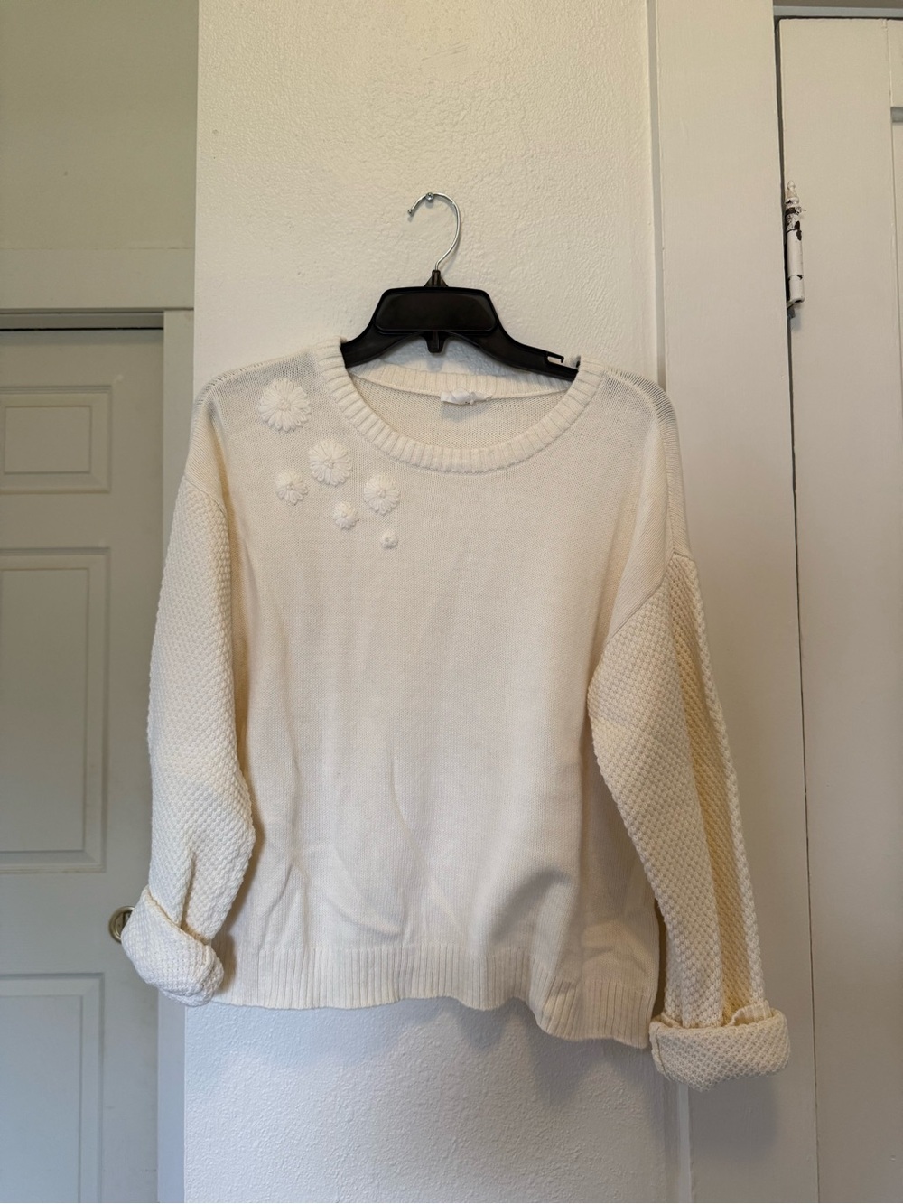 Candace Cameron Bure Cream Crewneck Sweater with Floral Knit Accents